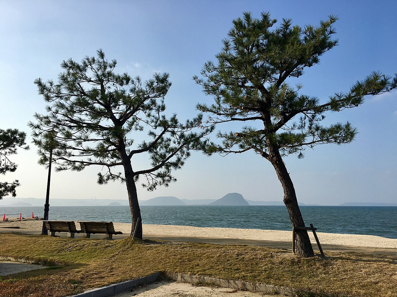 松の木越しに望む唐津湾と高島